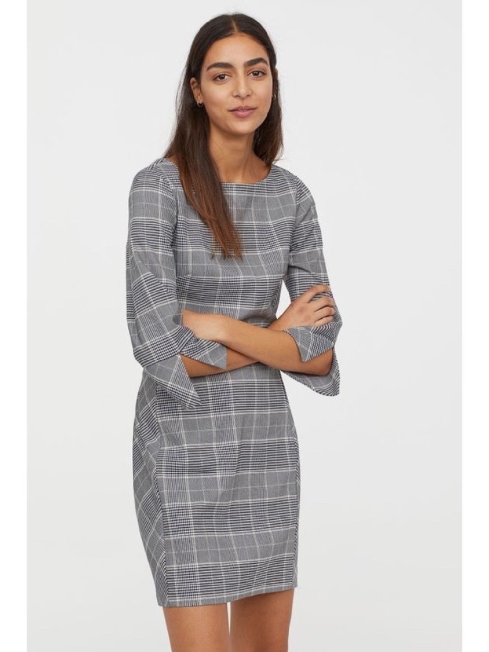 H&M Plaid Black Grey Print Mini Dress 3/4th Sz 0